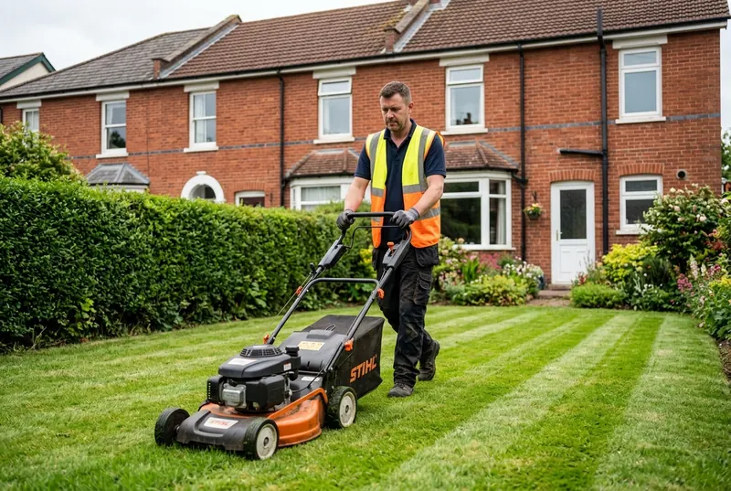 Exeter handyman cutting a lawn with a professional Stihl mower - garden maintenance, hedge and grass cutting