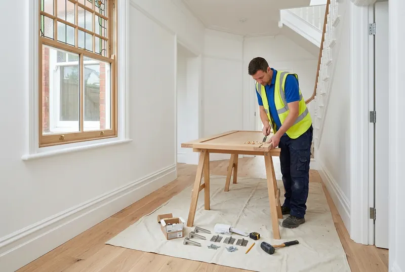Handyman chiselling a hinge recess into a new oak interior door on trestles in an Edwardian hallway in Exeter, new handles and hinges laid out beside him