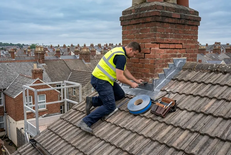 Handyman dressing new lead step flashing against a brick chimney on a tiled roof in Exeter, working from an access tower