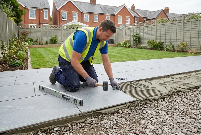 Handyman laying grey porcelain patio tiles on a mortar bed in an Exeter back garden, spirit level and rubber mallet beside him