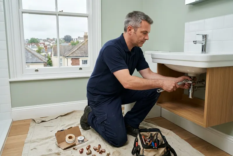 City & Guilds qualified plumber fitting a new basin tap and waste in an Exeter bathroom, copper fittings and PTFE tape on a dust sheet